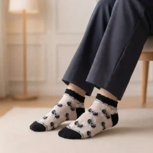 شراب أنكل حريمي قصير شفاف | أبيض بنقشة فيونكات سوداء