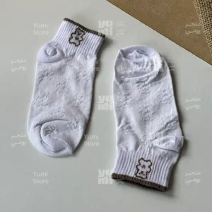 شراب أنكل حريمي قصير مضلع | أبيض بنقشة دبدوب بني رقيق