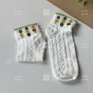 شراب أنكل حريمي قصير مضلع | أبيض بكنار أخضر ونقشة خرز ملون