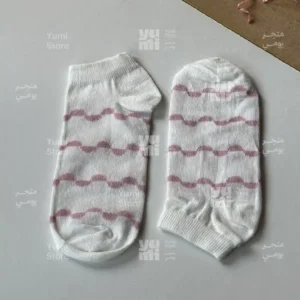 شراب أنكل حريمي قصير مضلع | أبيض بكنار وتفاصيل كافيه ونقشة وردة