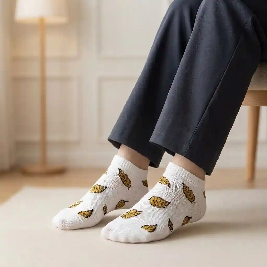 شراب أنكل حريمي قصير منقوش | أبيض بنقشة أوراق شجر مستردة