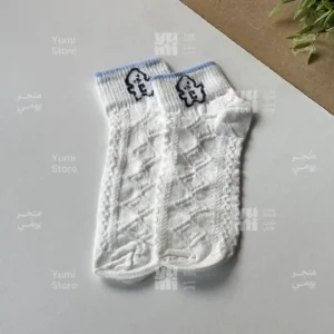 شراب أنكل حريمي قصير مضلع | أبيض بتطريز شخصية كرتونية وكنار سماوي